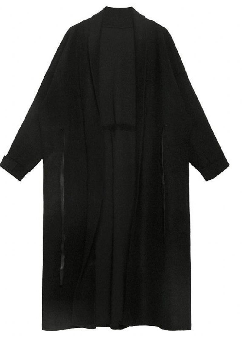 Svart Yllejacka Plus Size Vinter Naggad Midjejacka - Trenchcoats för kvinnor