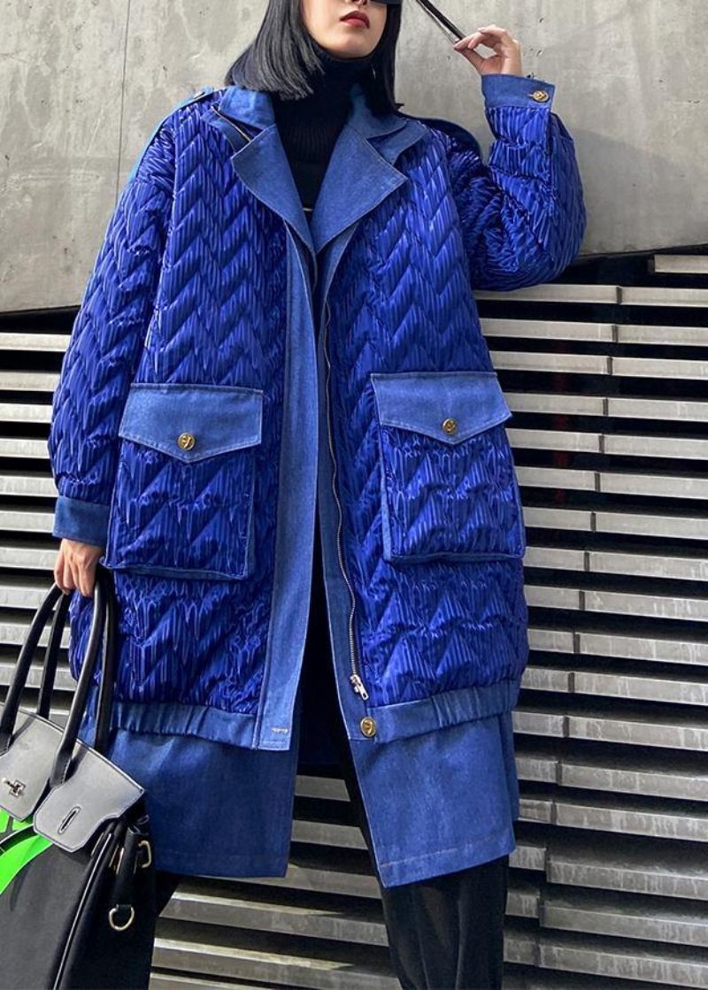 Trendiga Plus Size Kappor Vinter Ytterkläder Blå Lapel Dragkedja Parkas För Kvinnor