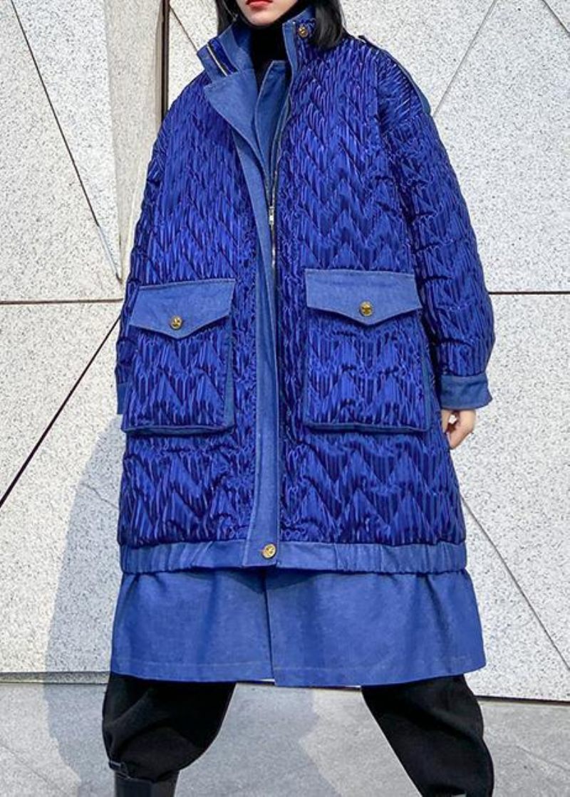 Trendiga Plus Size Kappor Vinter Ytterkläder Blå Lapel Dragkedja Parkas För Kvinnor - Blå