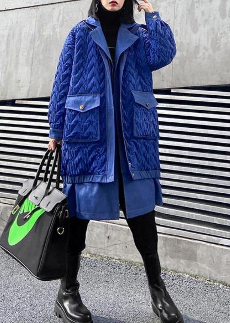 Trendiga Plus Size Kappor Vinter Ytterkläder Blå Lapel Dragkedja Parkas För Kvinnor - Blå