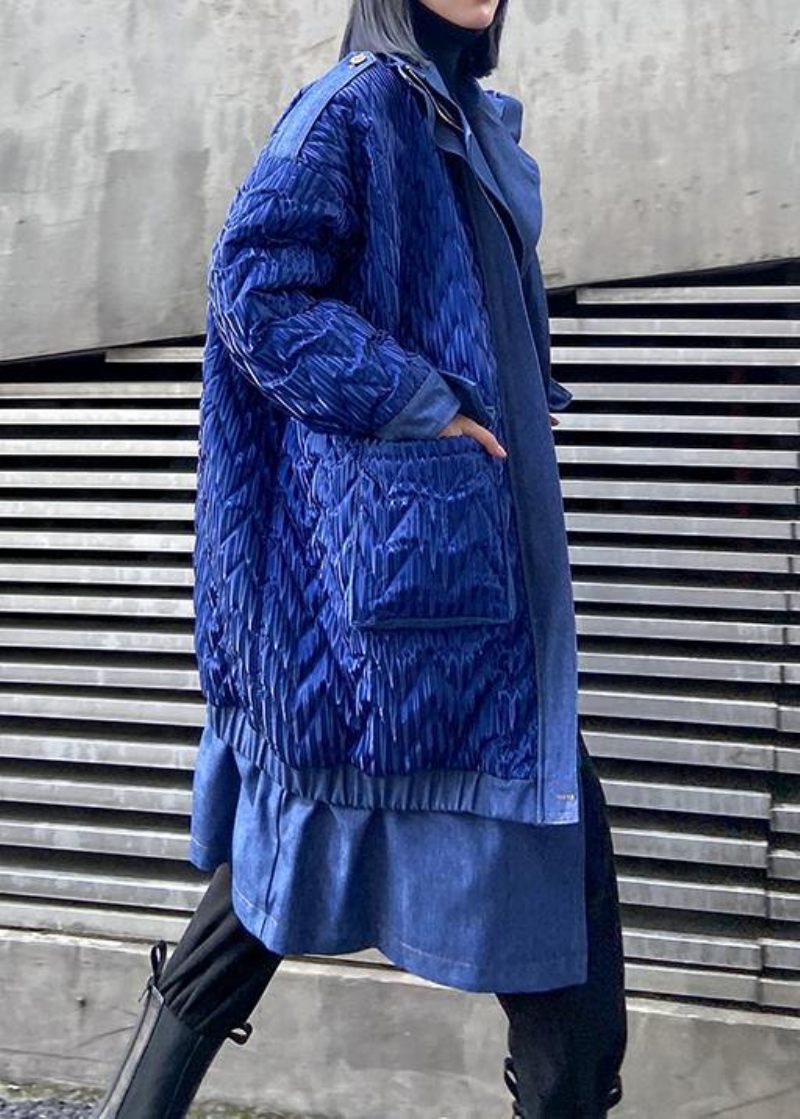 Trendiga Plus Size Kappor Vinter Ytterkläder Blå Lapel Dragkedja Parkas För Kvinnor - Blå