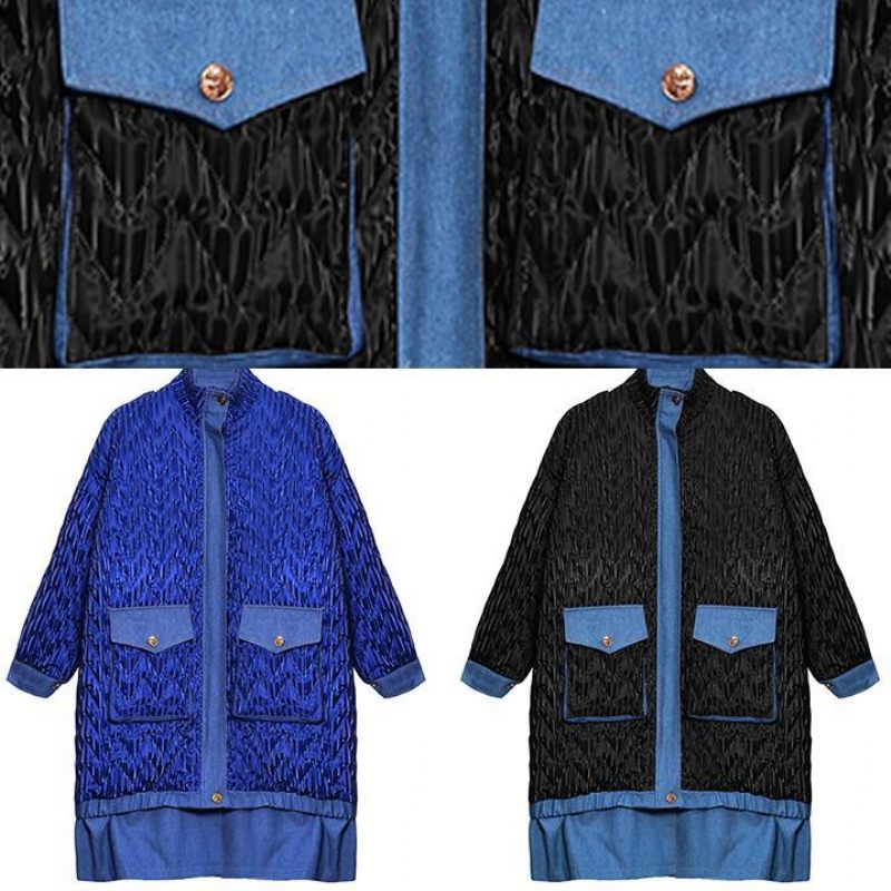 Trendiga Plus Size Kappor Vinter Ytterkläder Blå Lapel Dragkedja Parkas För Kvinnor - Blå