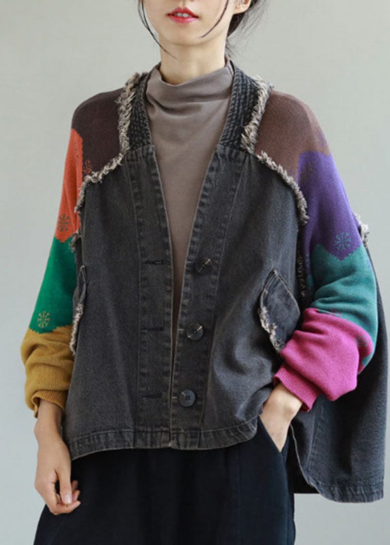 Unik Blue Denim Patchwork Stickade Fickor Knapp Höstrock Långärmad - Vinterkappor för kvinnor