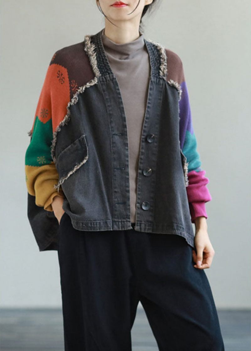 Unik Blue Denim Patchwork Stickade Fickor Knapp Höstrock Långärmad - Vinterkappor för kvinnor
