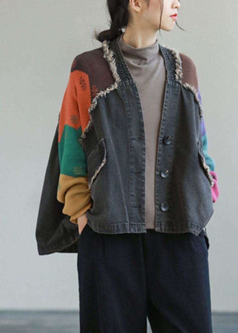 Unik Blue Denim Patchwork Stickade Fickor Knapp Höstrock Långärmad - Vinterkappor för kvinnor