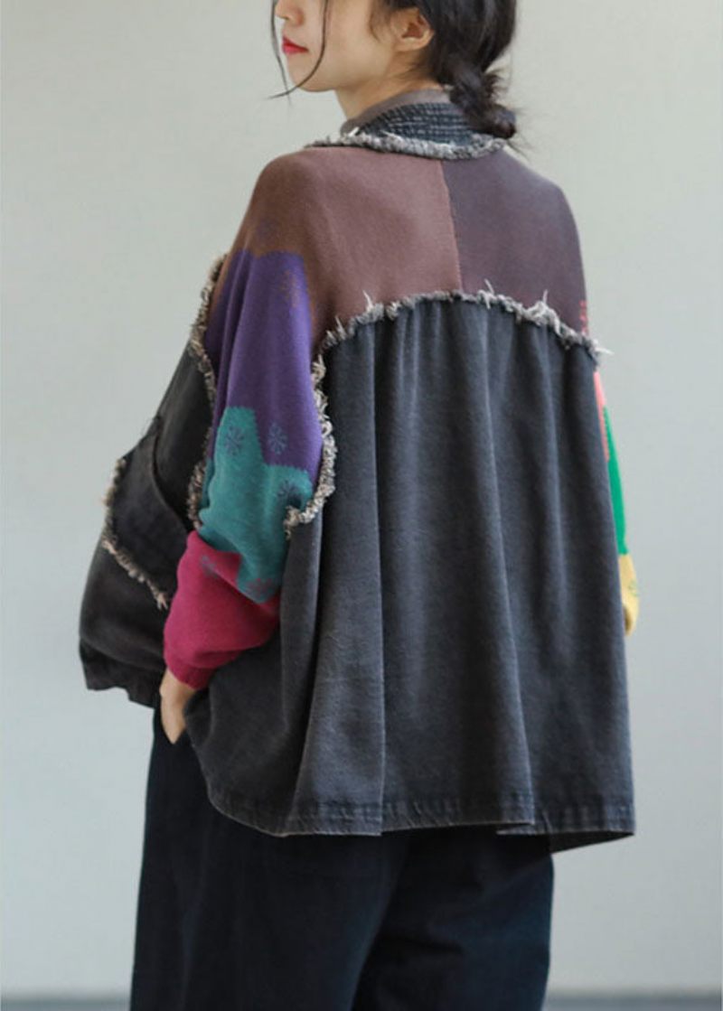 Unik Blue Denim Patchwork Stickade Fickor Knapp Höstrock Långärmad - Vinterkappor för kvinnor