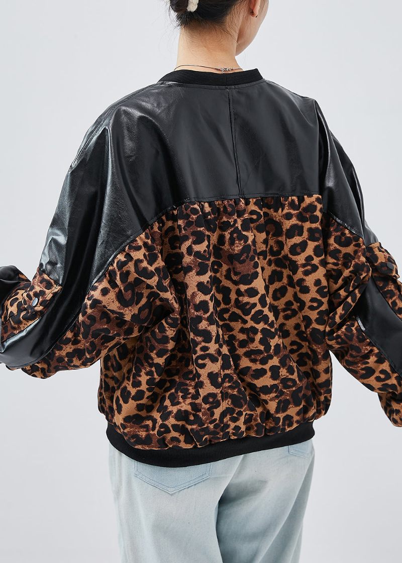 Unik Svart Överdimensionerad Patchwork Leopard Konstläderrockar Vår - Vinterkappor för kvinnor