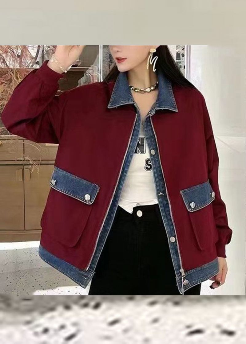 Unik Wine Red Peter Pan Krage Dragkedja Denim Patchwork Fickor Kappor Höst
