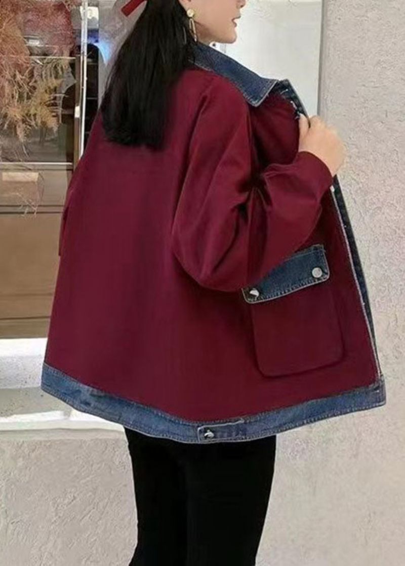 Unik Wine Red Peter Pan Krage Dragkedja Denim Patchwork Fickor Kappor Höst - Vinröd