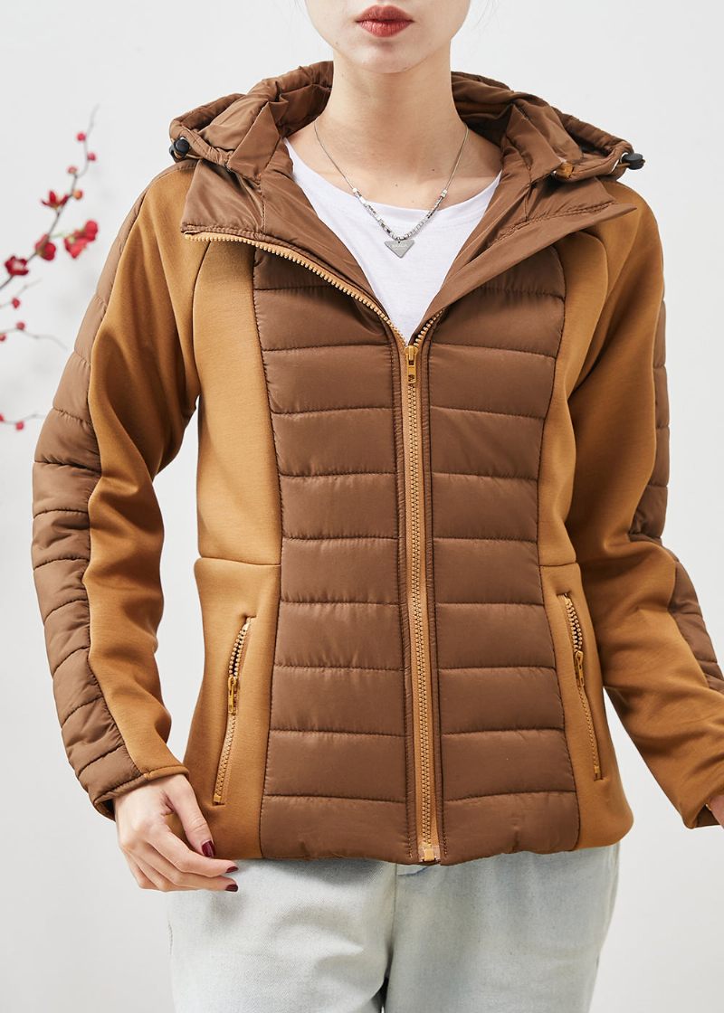 Unika Khaki Hooded Patchwork Fina Bomullsfyllda Jackor Spring - Vinterkappor för kvinnor