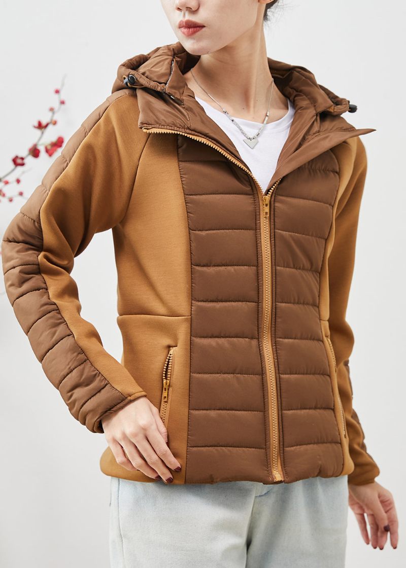 Unika Khaki Hooded Patchwork Fina Bomullsfyllda Jackor Spring - Vinterkappor för kvinnor