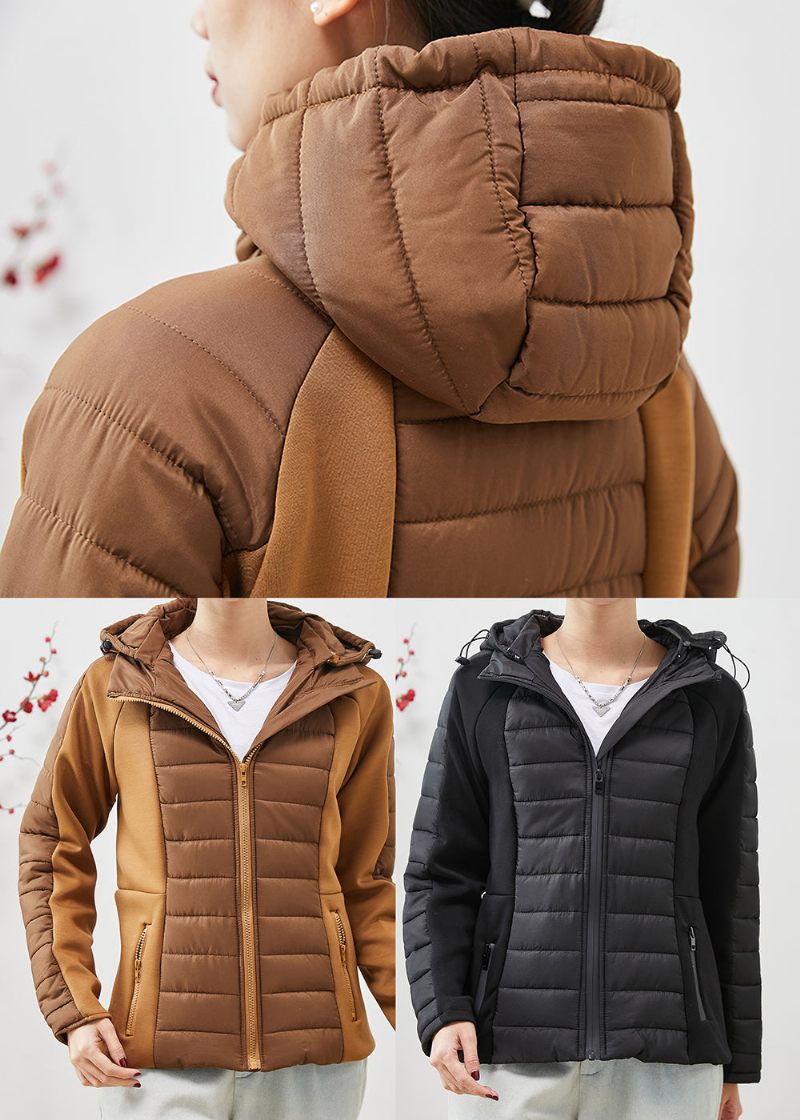 Unika Khaki Hooded Patchwork Fina Bomullsfyllda Jackor Spring - Vinterkappor för kvinnor