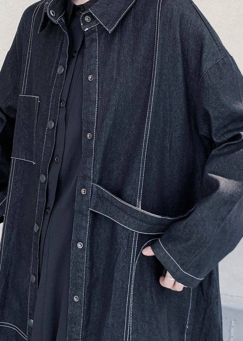 Unika Mörkblå Peter Pan Krage Patchwork Fickor Maxi Denim Trench Coats Långärmad - Trenchcoats för kvinnor