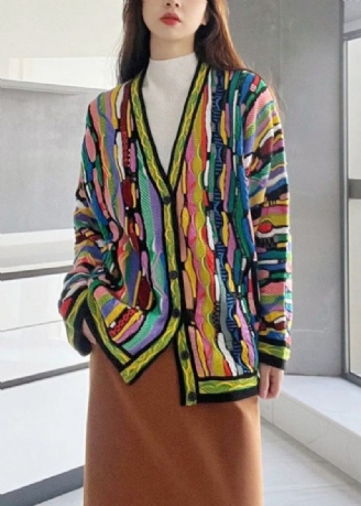 Vacker Rainbow V-ringad Knapp Bomull Stickad Cardigan Långärmad