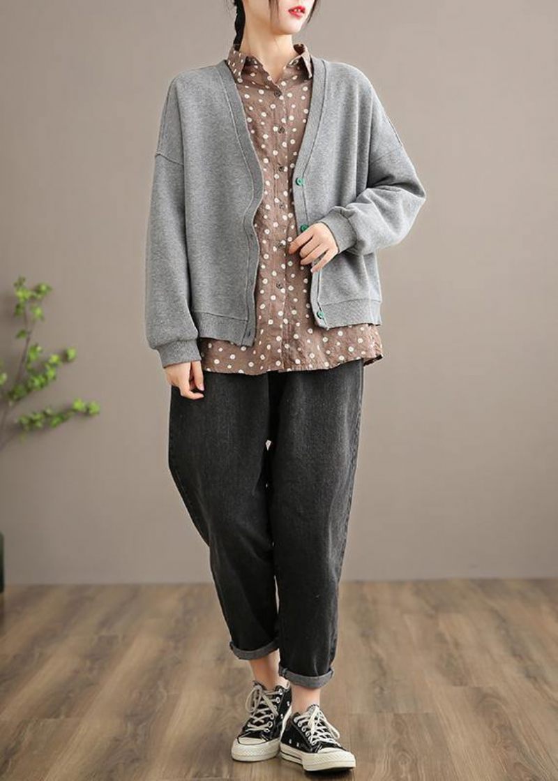 Vackra Grå Modekläder Mönster V-neck Button Down Våren Outwears - Rosa