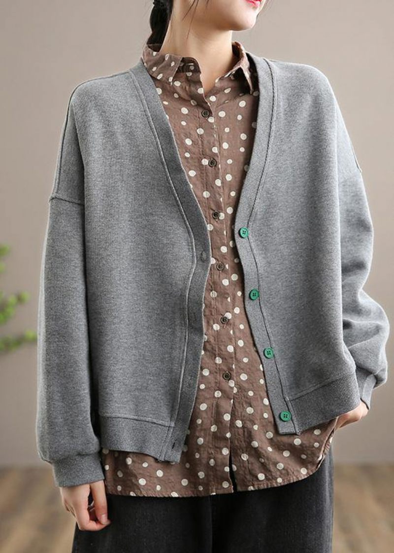 Vackra Grå Modekläder Mönster V-neck Button Down Våren Outwears - Rosa