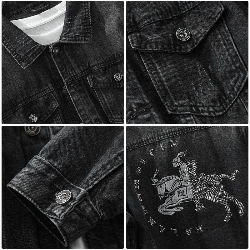 Vårens Nya Vintage Letter Jeansskjortor Jackor För Män Bomull Fritidsrockar Med Långa Ärmar Kvalitetskläder - Svart