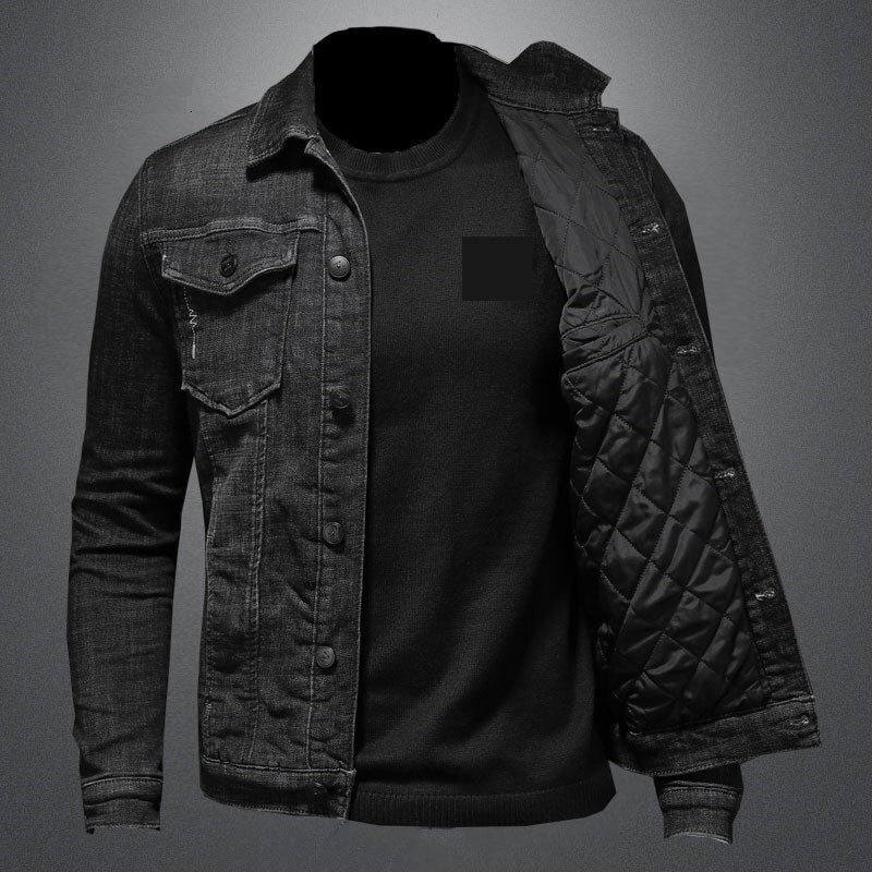 Varm Bomber Pilot Svart Vinter Jeansjacka Herr Jeans Kappa Motorcykel Fritidskläder - Svart