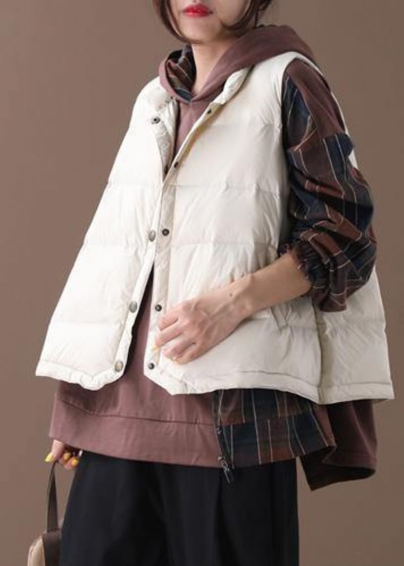Varma Beige Parkas Trendiga Plus Size Snöjackor Vinterstativ Krage Ärmlösa Ytterkläder