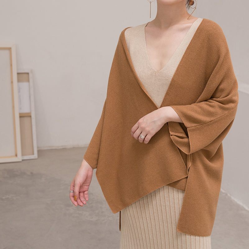 Varma Bruna Tröjor Plus Size-kläder Stickade Toppar Med Trekvartsärmar Elegant Kofta