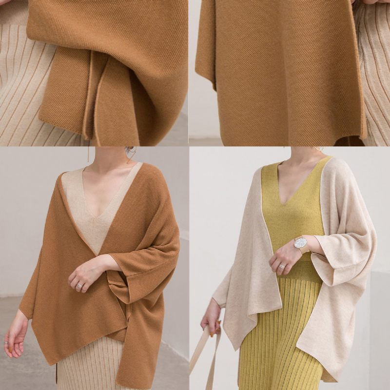 Varma Bruna Tröjor Plus Size-kläder Stickade Toppar Med Trekvartsärmar Elegant Kofta - Brun