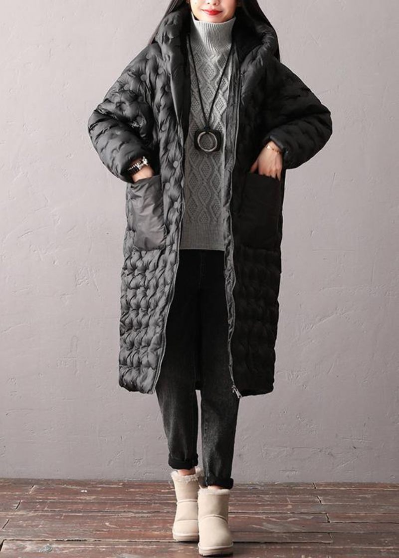 Varma Plus Size Vinterkappor Svarta Hooded Dragkedja Parkas För Dam - Svart