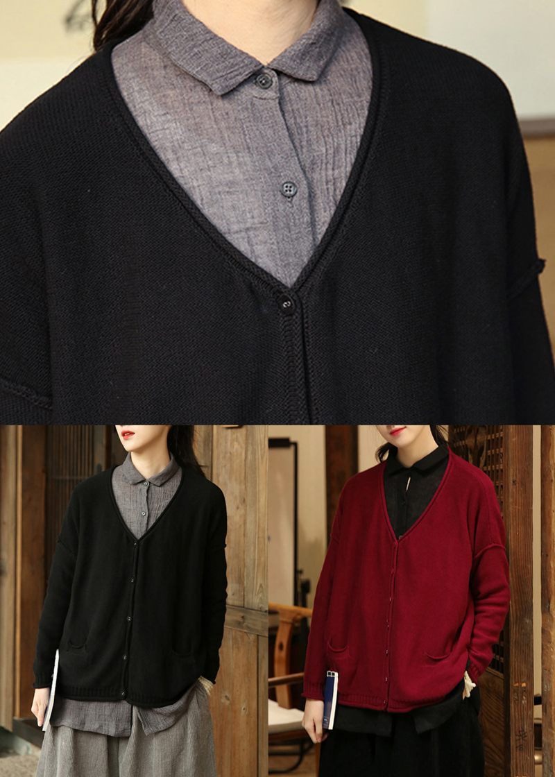Vinröda Fickor Patchwork Stickade Koftor V-ringad Långärmad - Koftor för kvinnor