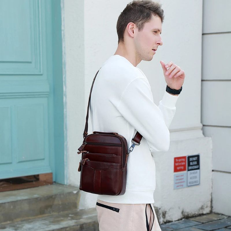 Vintage Axelväska I Äkta Läder För Män Casual Handväska För Crossbody Messenger-väskor Av Naturligt Hane - Brun