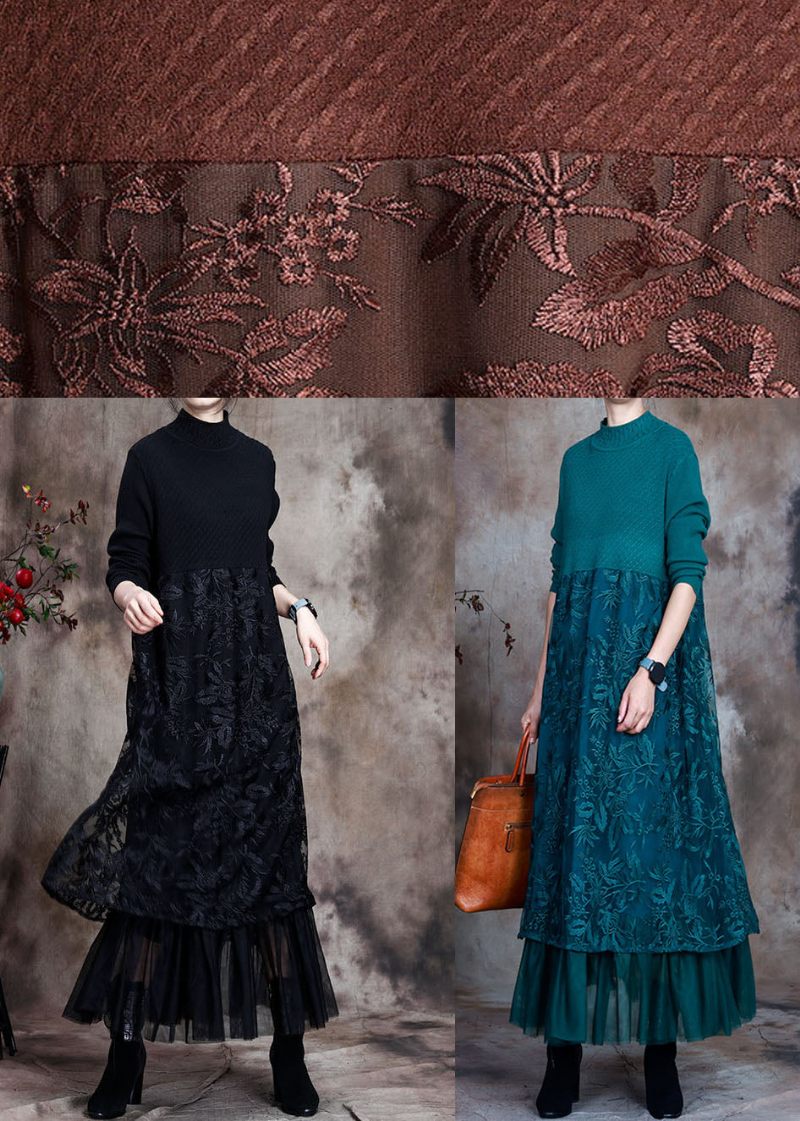 Vintage Blå Slim Fit Spets Patchwork Stickad Höst Ullklänning - Svart