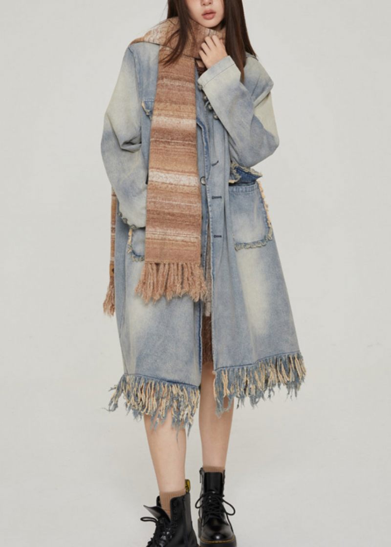Vintage Blå Tofsfickor Patchwork Denim Långa Kappor Höst