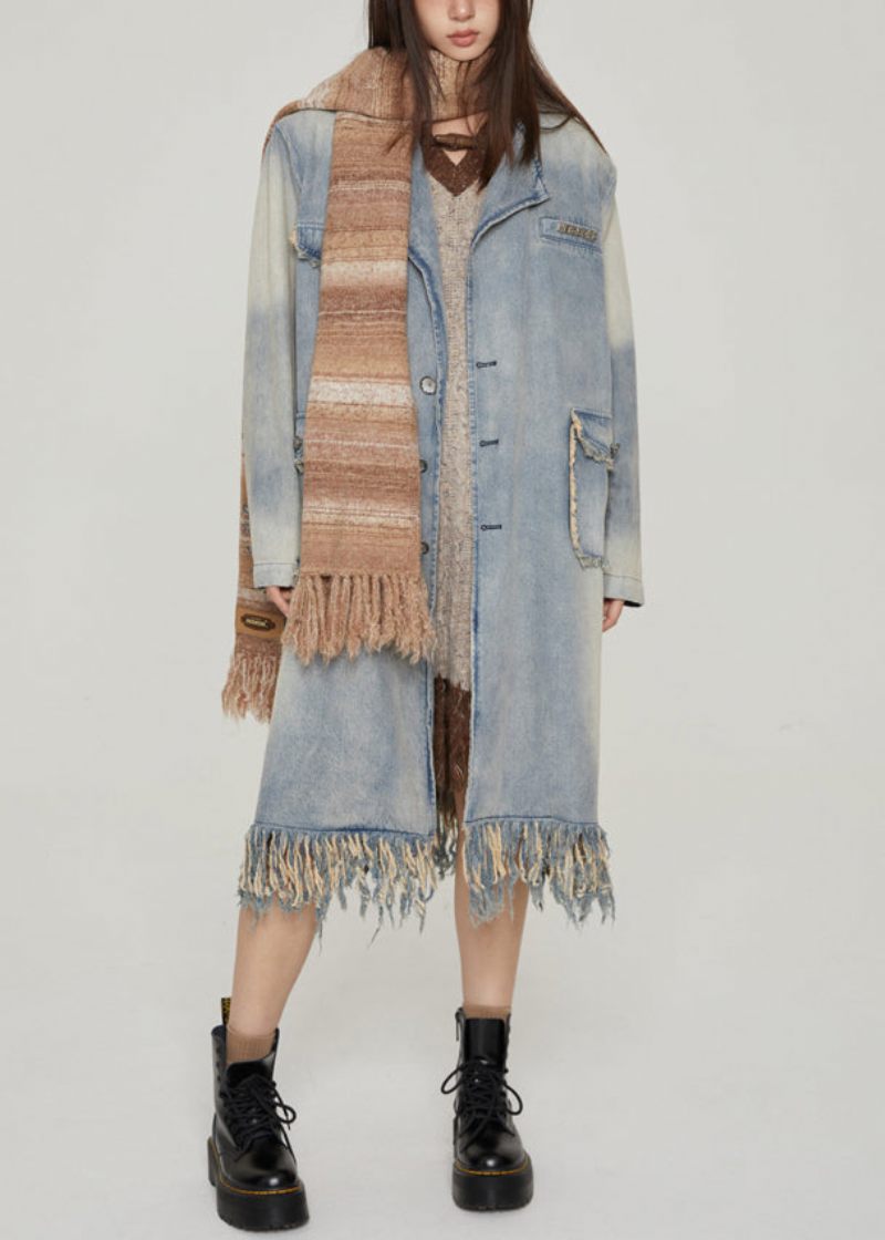Vintage Blå Tofsfickor Patchwork Denim Långa Kappor Höst - Vinterkappor för kvinnor