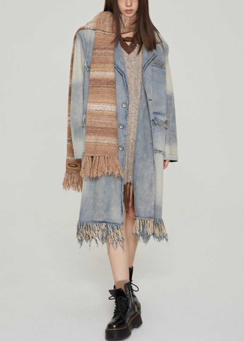Vintage Blå Tofsfickor Patchwork Denim Långa Kappor Höst - Vinterkappor för kvinnor