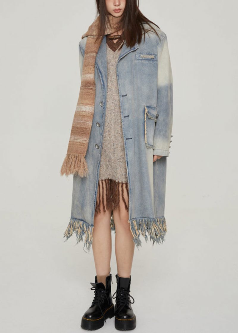 Vintage Blå Tofsfickor Patchwork Denim Långa Kappor Höst - Vinterkappor för kvinnor
