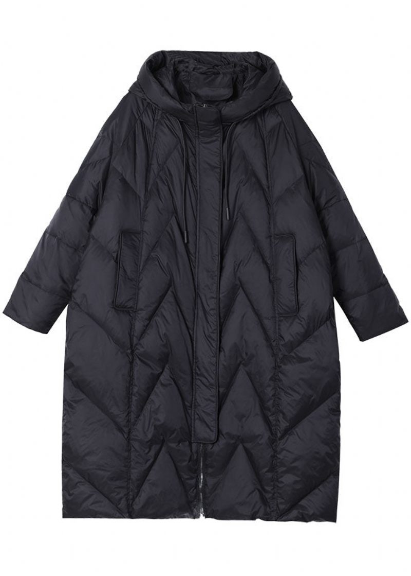 Vintage Black Hooded Dragsko Duck Down Vinterkappor - Dunjackor för kvinnor