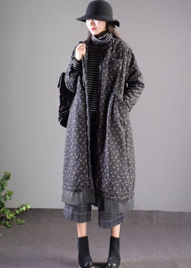 Vintage Black Lace Patchwork Fin Bomullsfylld Witnerrockar Förläng - Dunjackor för kvinnor
