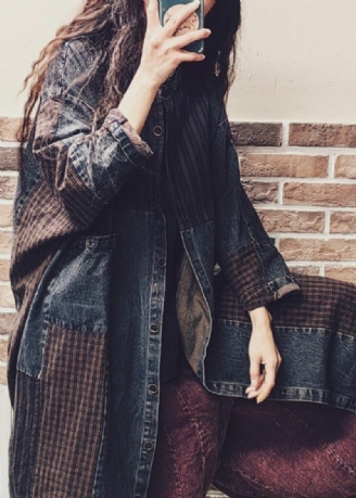 Vintage Colorblock Button Fickor Denim Patchwork Coat Fall