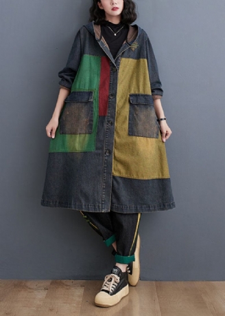 Vintage Colorblock Patchwork Button Hooded Denim Trench Coat Långärmad