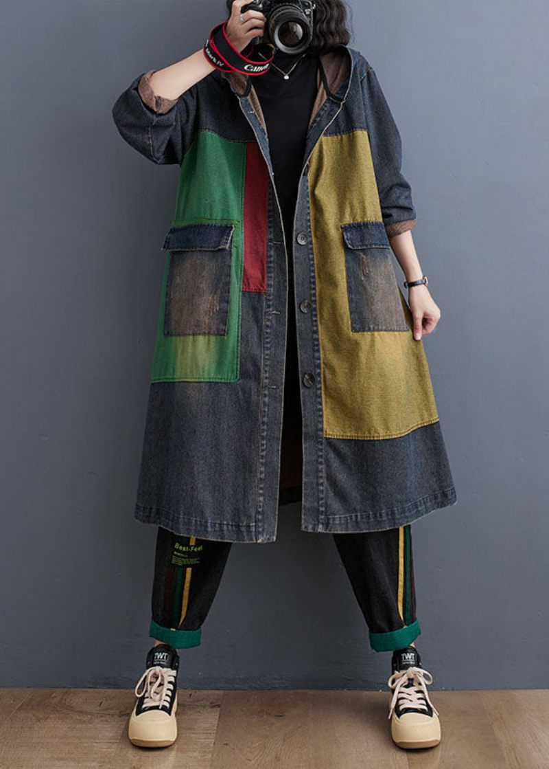 Vintage Colorblock Patchwork Button Hooded Denim Trench Coat Långärmad - Trenchcoats för kvinnor