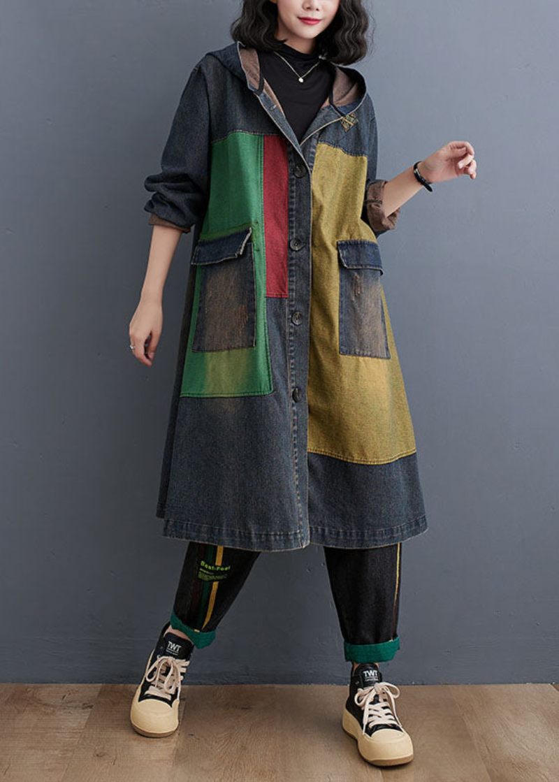 Vintage Colorblock Patchwork Button Hooded Denim Trench Coat Långärmad - Trenchcoats för kvinnor