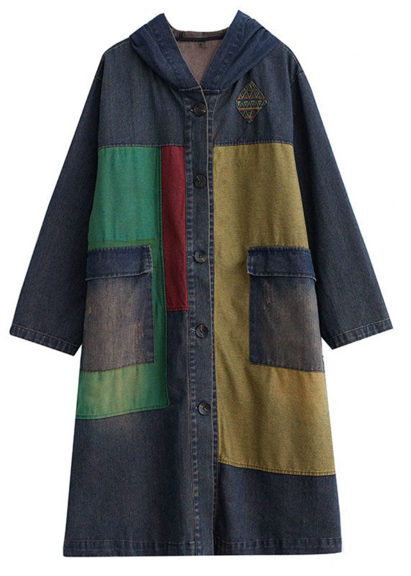 Vintage Colorblock Patchwork Button Hooded Denim Trench Coat Långärmad - Trenchcoats för kvinnor
