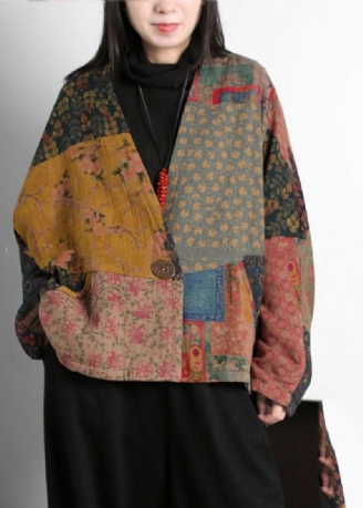 Vintage Colorblock V-hals Patchwork Print Fine Bomullsfyllda Kappor Batwing Sleeve