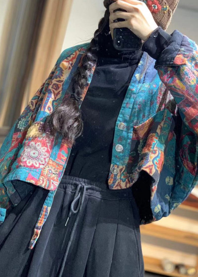 Vintage Flower Color V-halsfickor Print Linne Parka Batwing Sleeve - Blomfärg