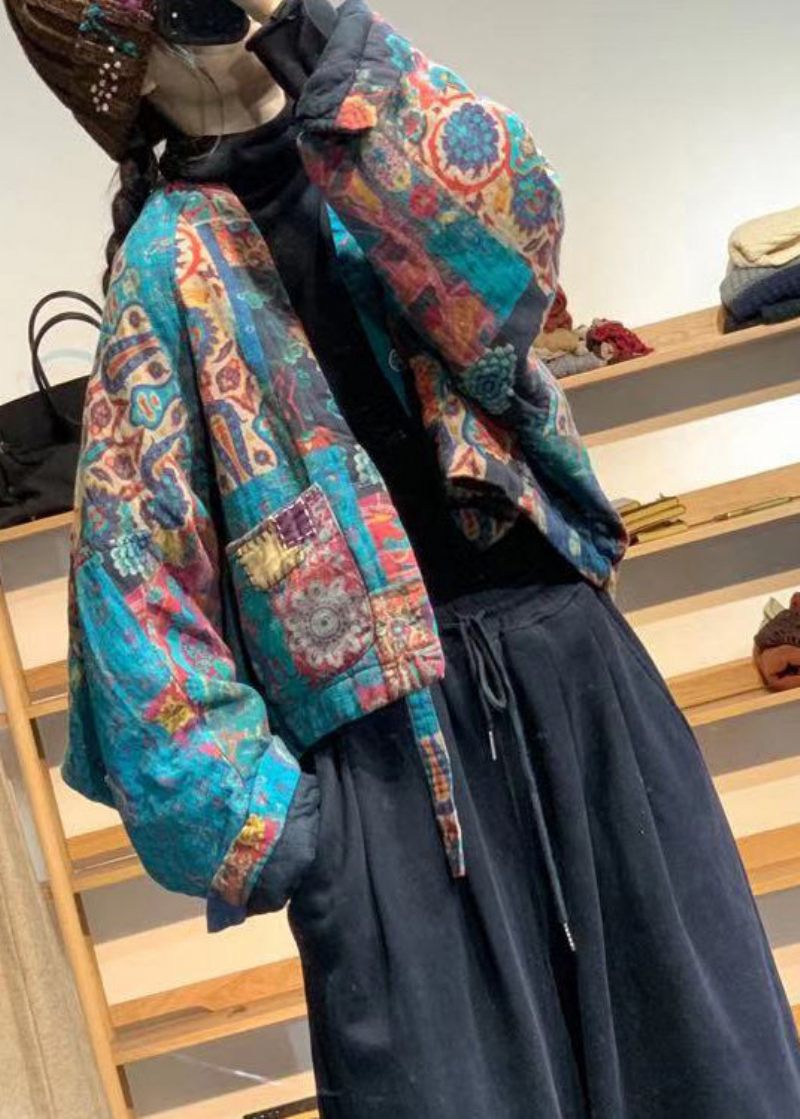 Vintage Flower Color V-halsfickor Print Linne Parka Batwing Sleeve - Blomfärg