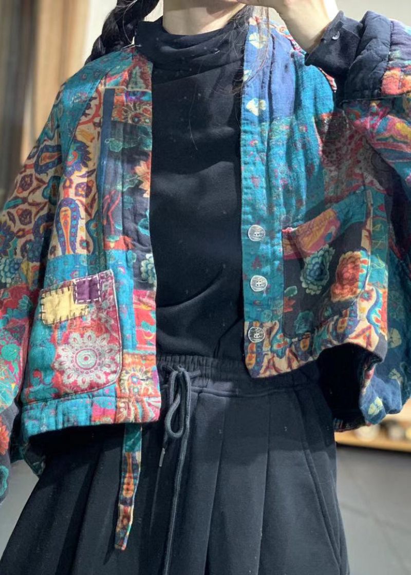 Vintage Flower Color V-halsfickor Print Linne Parka Batwing Sleeve - Blomfärg