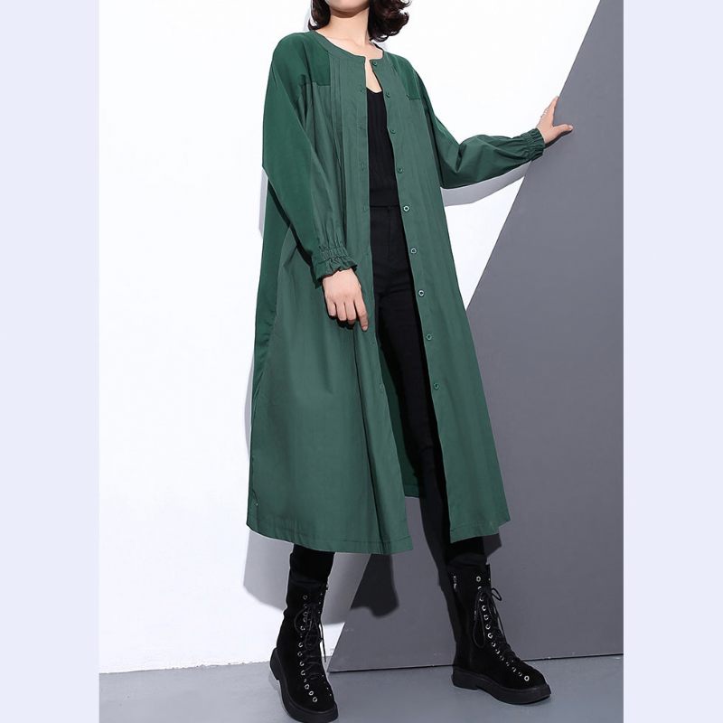 Vintage Grön Kappa Plus Size Stativ Krage Vinterkappa Kvinnor Fickor Lapptäcke Kappor - Svart