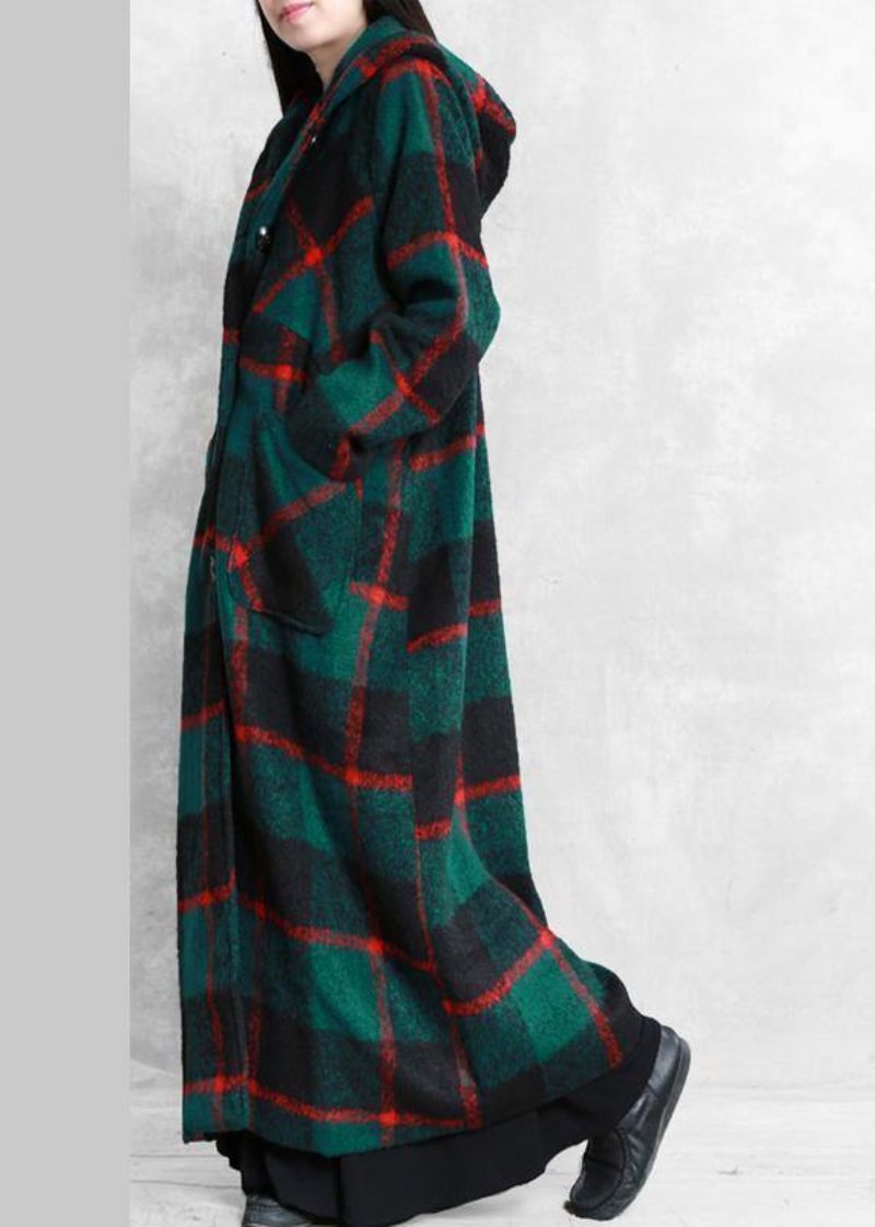 Vintage Grön Pläd Yllerock Dam Plus Size Vinterkappa Damrockar Skårad Knapp - Ullrockar för kvinnor