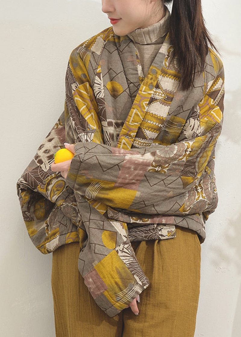 Vintage Gula Tryckfickor Patchwork Fina Bomullsfyllda Jackor Batwing Sleeve - Dunjackor för kvinnor