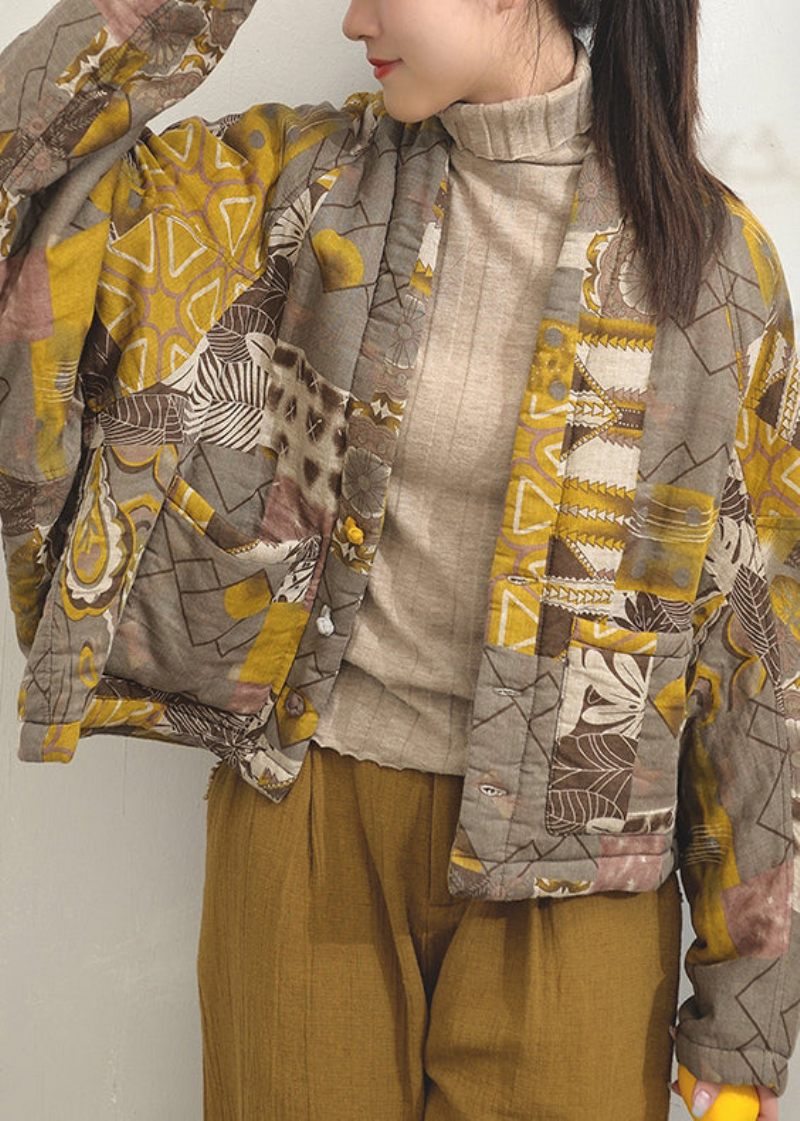 Vintage Gula Tryckfickor Patchwork Fina Bomullsfyllda Jackor Batwing Sleeve - Dunjackor för kvinnor