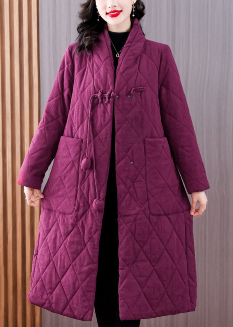 Vintage Lila V-halsfickor Kinesisk Knapp Fin Bomullsfylld Kappa Vinter - Dunjackor för kvinnor
