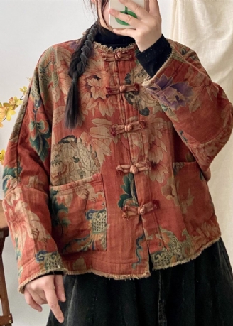 Vintage Orange Print Fickor Kinesisk Knapp Patchwork Bomull Coat Fall